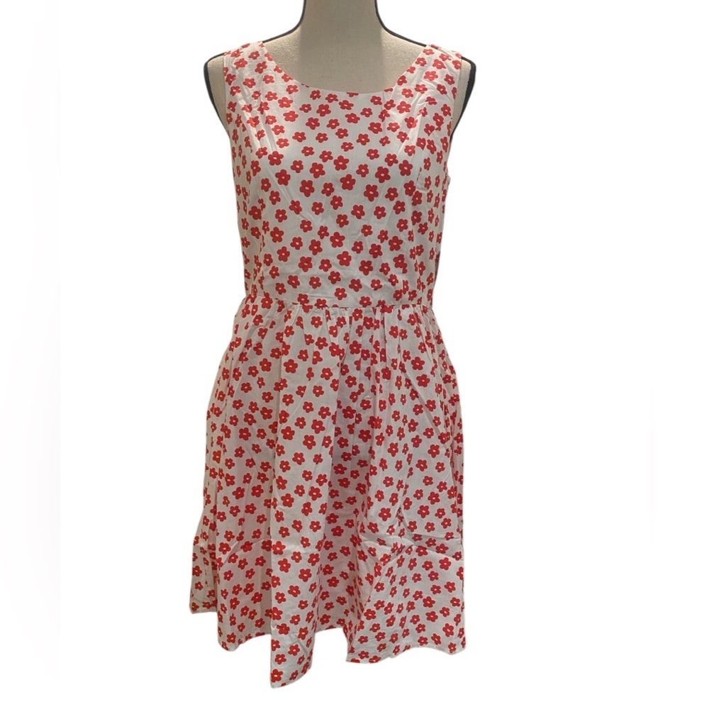 Women’s Floral Vintage Inspired Cottagecore Red White Midi Sleeveles Dress New M